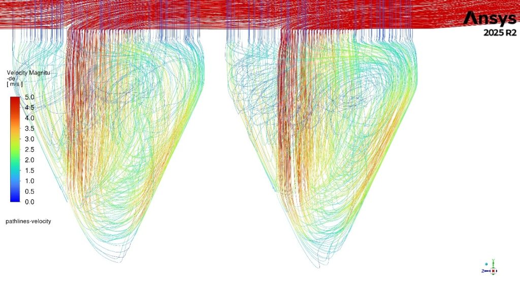 Hopper flow with inlet guide vanes in detail