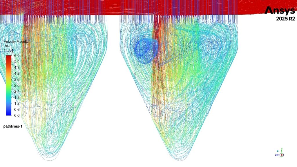 Hopper flow with additional guide vanes in detail